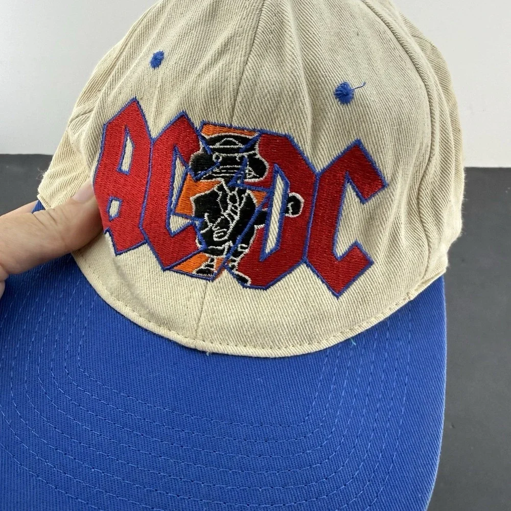 VINTAGE AC/DC Hat Cap Snap Back Blue White Embroidered Graphic Band Mens 90s